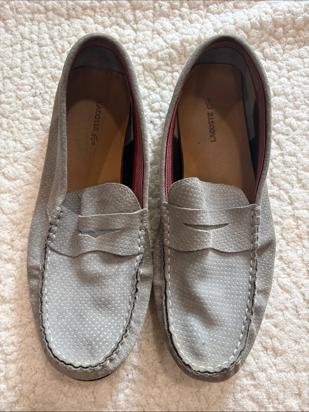 Lacoste Men's Light Gray Suede Penny Loafers with Maroon Trim